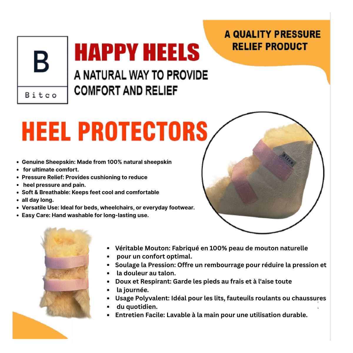 Bitco Medical-Grade Sheepskin Heel Protector – Pressure Relief Pad for Bedridden or Diabetic Use. 1-Unit