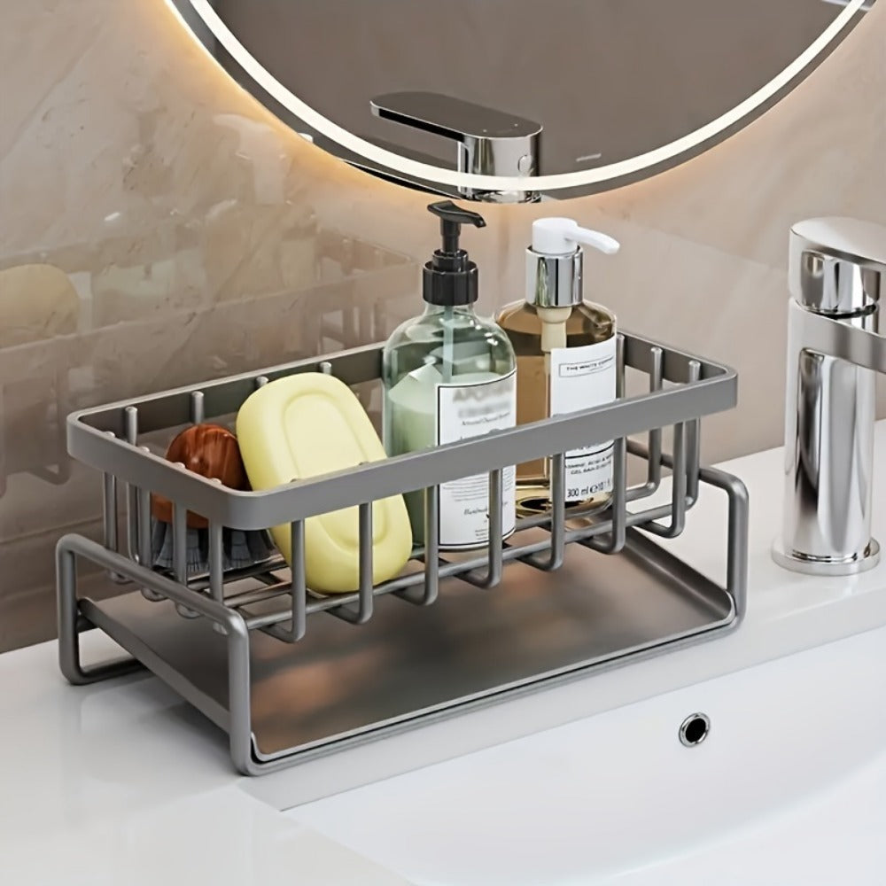1pc Black Sponge Drain Rack With Dishcloth Holder, Stainless Steel Sink Storage Rack For Sponge Dish Soap Dishcloth Brushes Rags