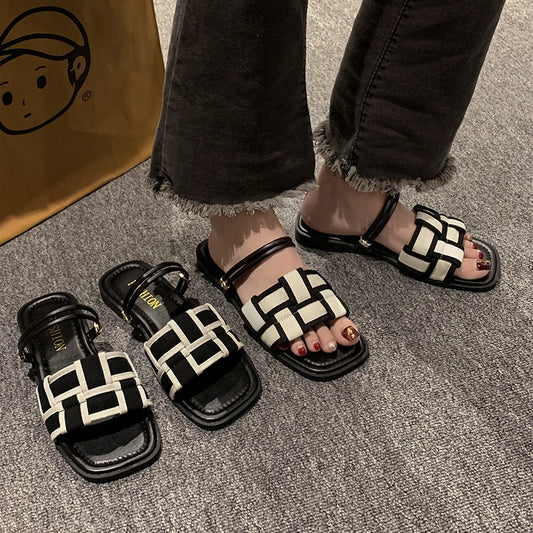 Square Toe Sandals Women's Canvas Check Pattern Flat Sandals